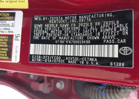 2017 Toyota Camry Le/Se/Xle/Xse from USA, damaged, VIN 4T1BF1FK7HU659490